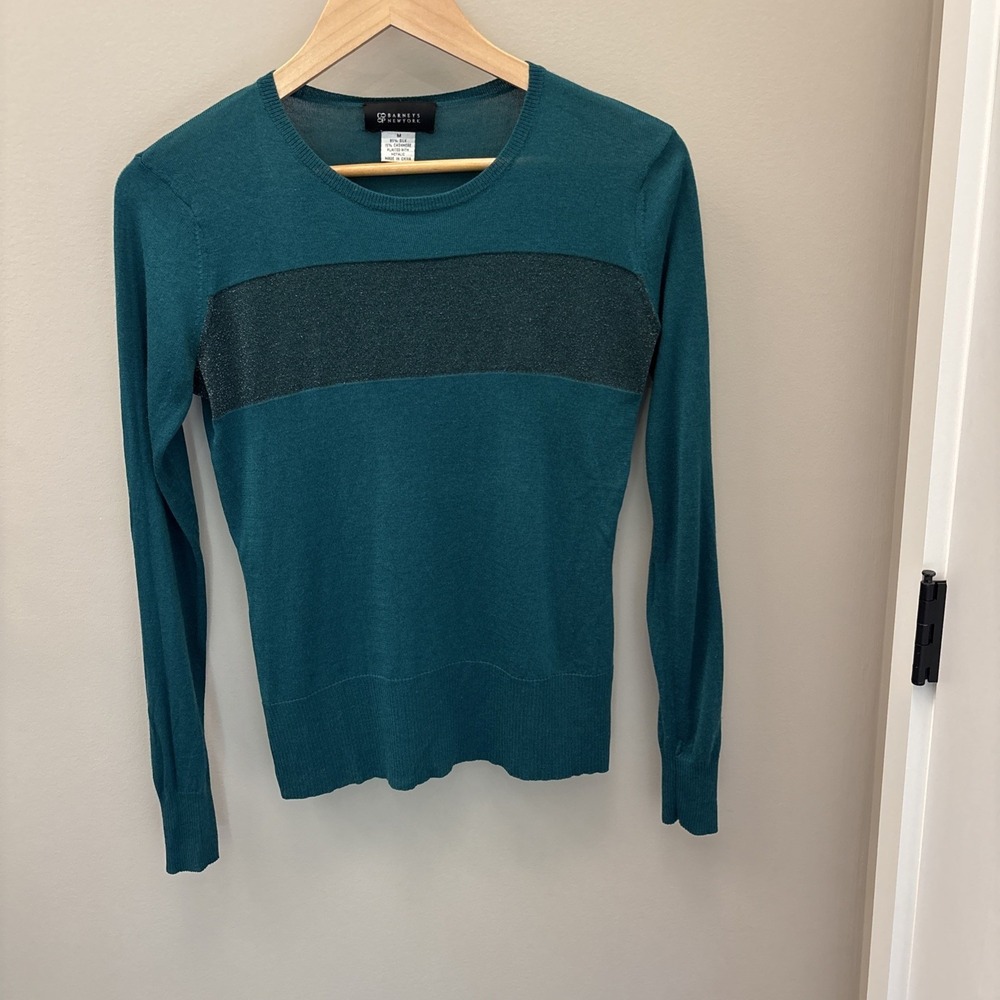 Vintage Barneys CO-OP Green Silk Cashmere Lightweight Sweater Metallic Band MED